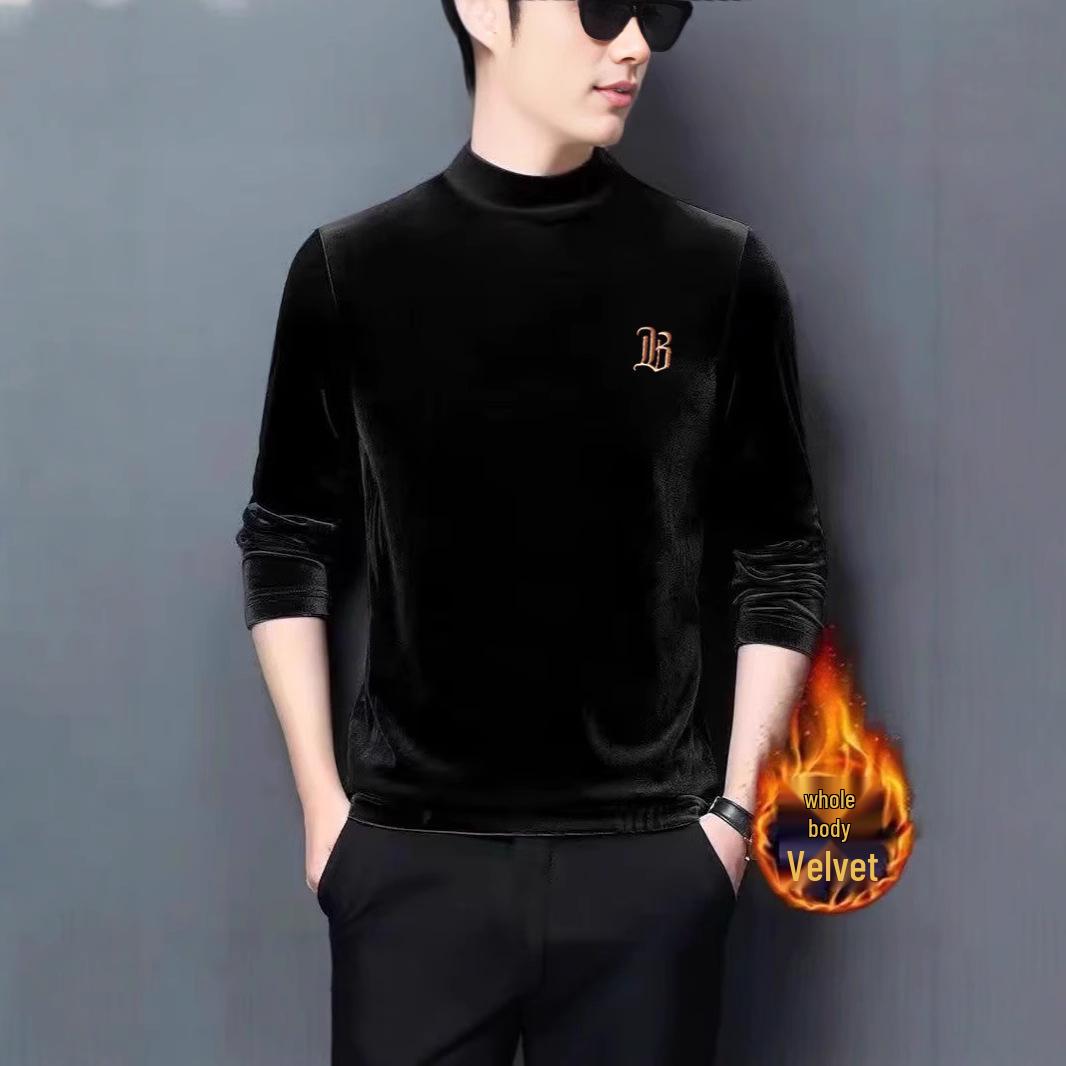 

2024 Men s Fleece-Lined Gold Velvet Semi-High Neck Embroidered Fashion Shirt XXL сірий колір