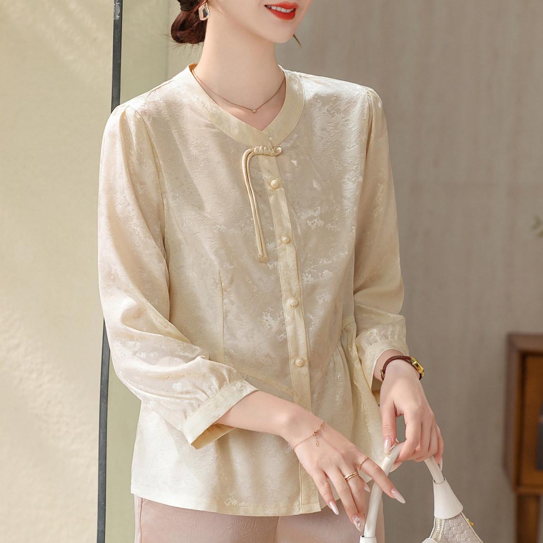 

2026 Stylish Seven-Sleeved Round Neck Shirt for Middle-Aged Women - Spring/Summer Top 2XL (105-120 kg)