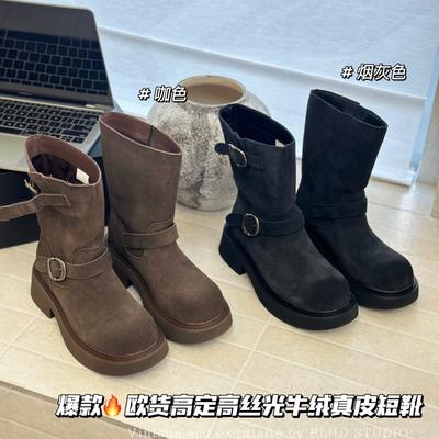 European Haute Couture Fashion Boots 2025 Retro Double Buckle Thick-soled Velvet Martin Boots Locomotive Knight Boots Casual Short Boots Women