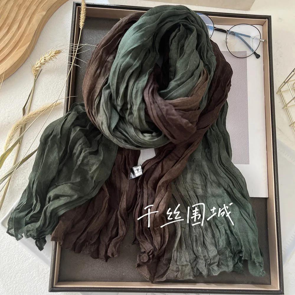 New Scarf Cotton Hemp Hand Feel Gradient Blue Autumn Winter Retro Versatile Printed Women's Long Fold Shawl Soft Fashionable