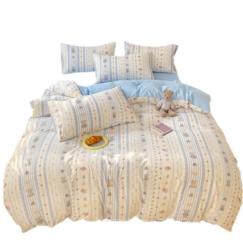 Washed Cotton 4Pcs Dormitory Small Fresh Naked Sleeping 3Pcs Double-Layer Yarn Bed Sheet Quilt Cover
