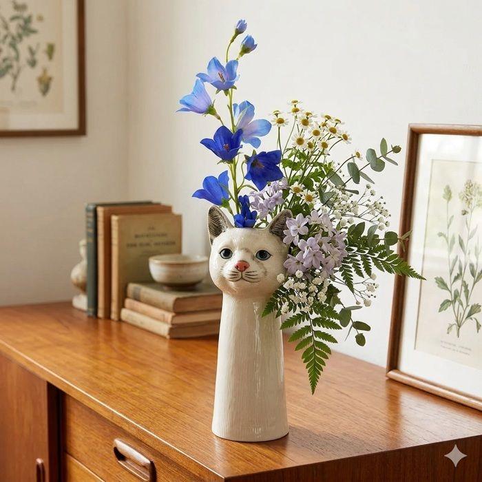 Vase décoratif - EDEN - Tête de chat - Céramique blanc - 28 cm - Style contemporain