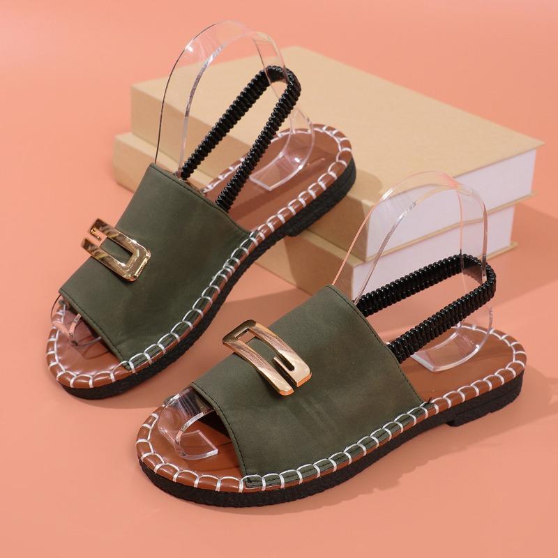 Flat-bottomed Women's Elastic Band Metal-decorated Large-sized Sandals