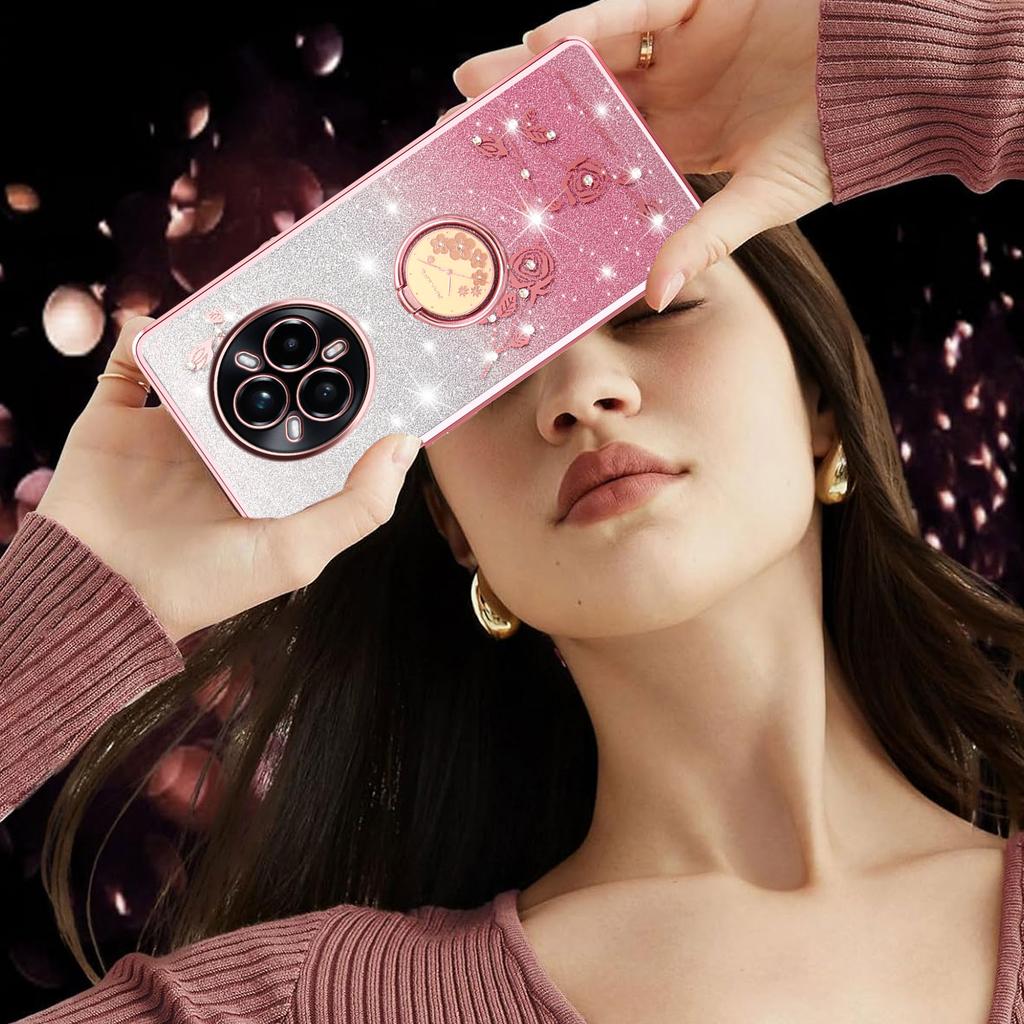 KADEM For Realme 14 Pro 5G Deksel Ring Støtte TPU Blomster Telefondeksel Gradient Glitter