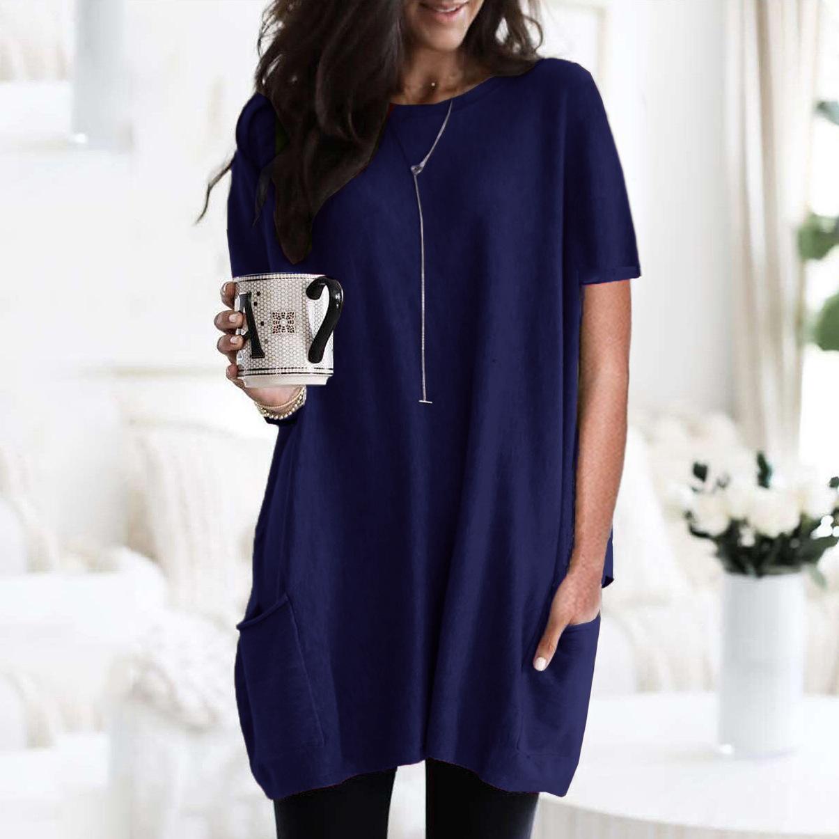 

JPNTKY Women s Fashion Casual Summer Spring Short Sleeve O-Neck Blouses & Shirts S темно-синий