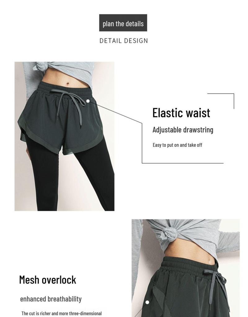 Breathable Sweat-Absorbent Faux Two-Piece Fitness Leggings for Yoga and Running