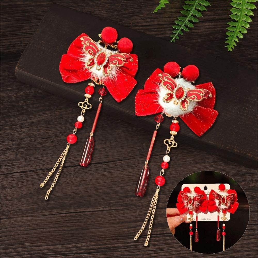 1 Pair Flower Hanfu Red Hair Clips Pearl Bow Tassel Hairpin New Year Headwear  Children