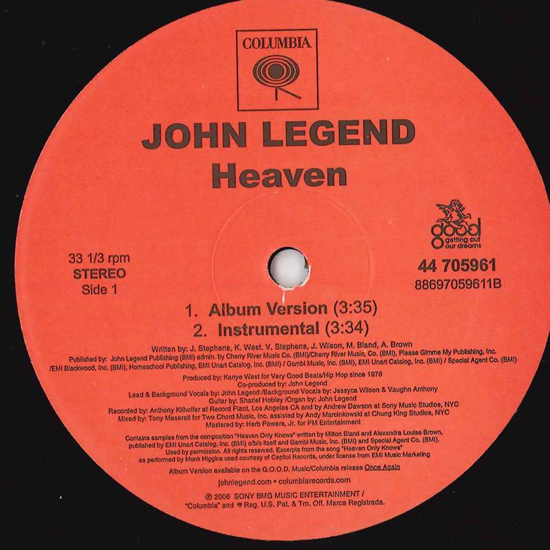 

12inch Record JOHN LEGEND Heaven 44705961 COLUMBIA 2007 US Rap HipHopRB Used