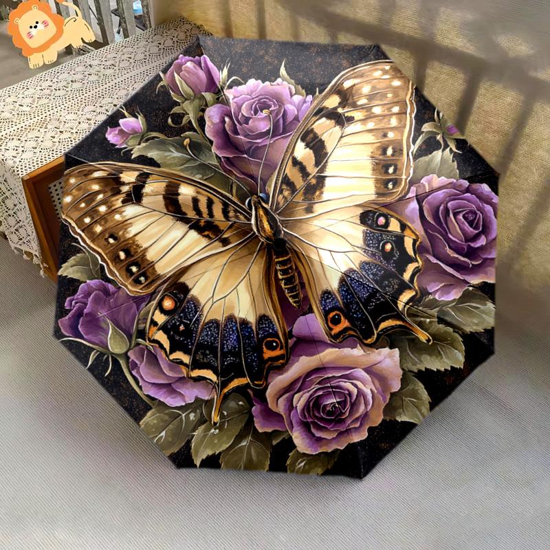 1 PC Automatic Folding Umbrella - Butterfly and Roses Pattern, Portable & Foldable Design with 8 Ribs, Christmas Birthday Gifts