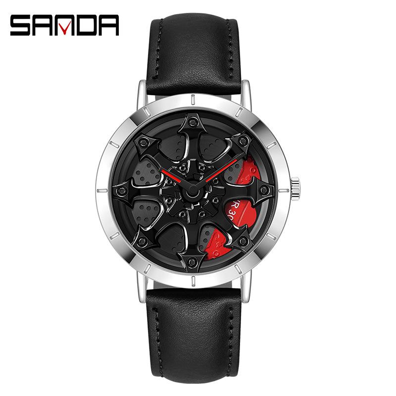 SANDA Montre à quartz avec ceinture en acier pour homme, tendance, décontractée, avec cadran cool et roue de voiture