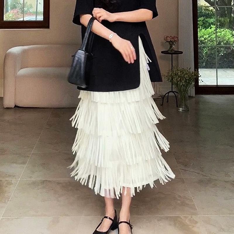 Miyake High-End Women's Tassel Layered Midi Skirt - Versatile & Slimming