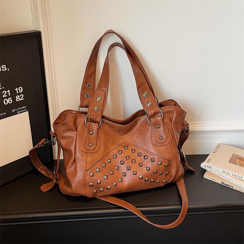 Women's Retro Punk Motorcycle Tote Bag with Rivets - Large Capacity, Fashionable Handheld or Shoulder Style