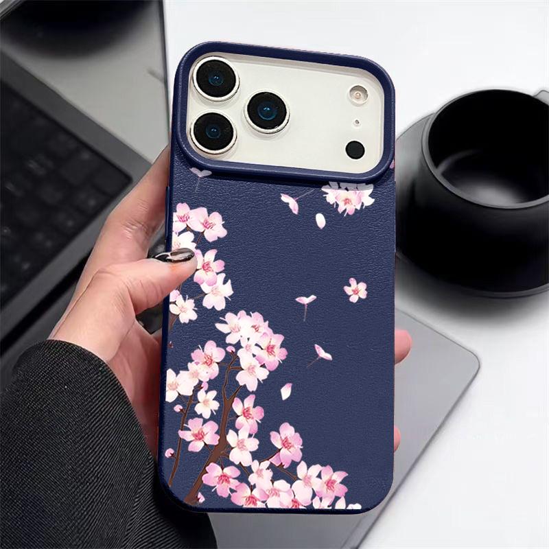 

Чехол для iPhone 17 Pro Max Розовый Цветущие персики Цветочный узор Кожаная текстура Силиконовая накладка для iPhone 16 Pro Max 15 14 13 12 11 Air 16E iPhone 16 темно-синий