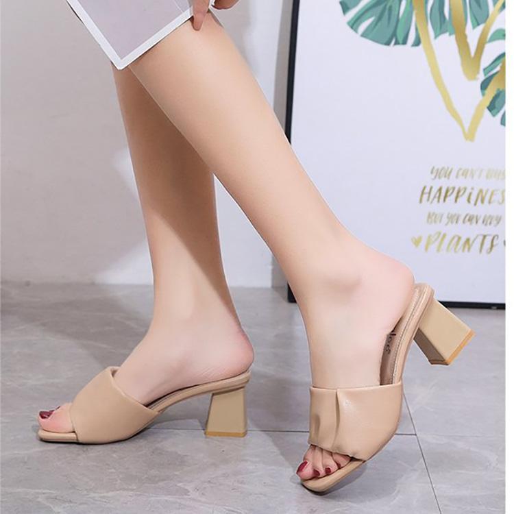 Women's Summer Clip On High Thick Heel Slippers Casual Square Toe Solid Color Outerwear Sandals 5.5cm 35-42