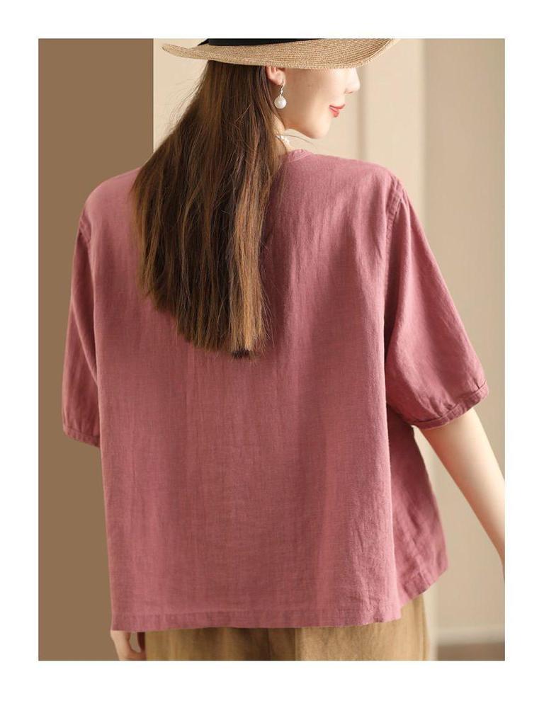 Women's 2024 Summer Cotton Linen Mid-Sleeve Cardigan Shirt - Casual, Slimming, Single-Breasted Design