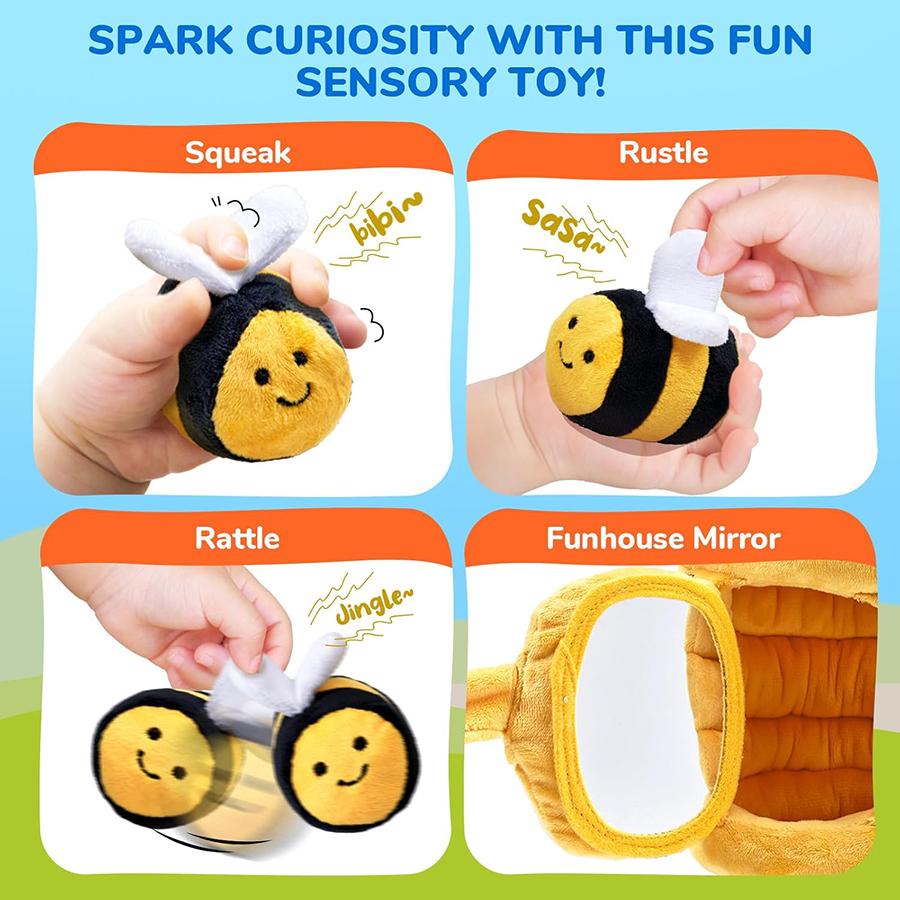 Baby Toys 6-12 Months Soft Baby Beehive with 5 Sensory Bee Rattle Mirror Crinkle Squeaker Busy Montessori Soft Toy for Toddlers