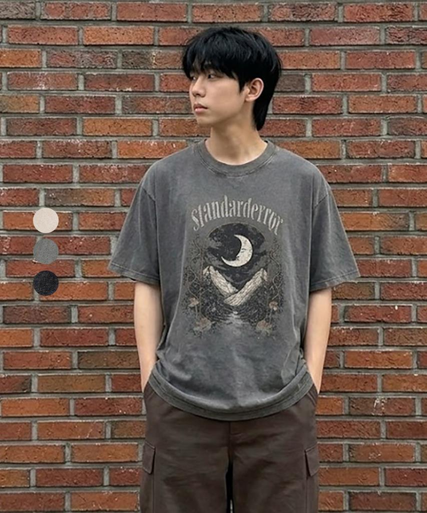 STANDARDERROR 87-Stan340 Vintage Mountain Moon Pigment Short Sleeve T-Shirt (4 Colors)