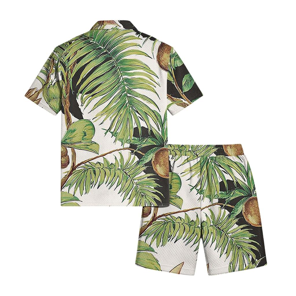 Men's Casual Printed Lightweight Breathable Shirt and Drawstring Shorts Set