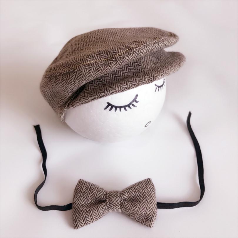 Newborn Baby Peaked Beanie Cap Hat + Bow Tie Photo Photography Prop Outfit Set Little Gentle Man Cap