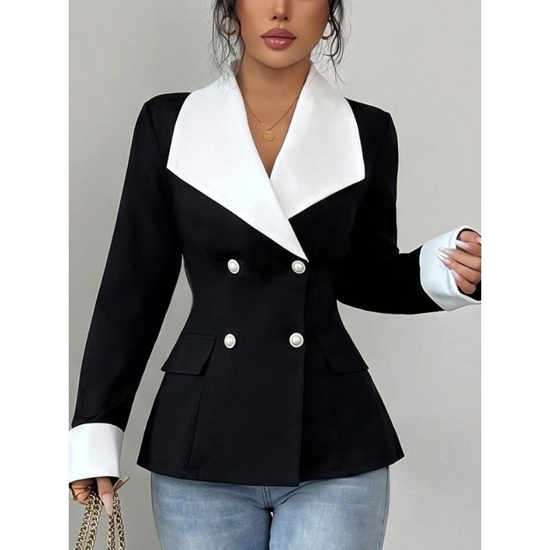 Women S Black White Contrast Lapel Double Breasted Slim Fit Blazer