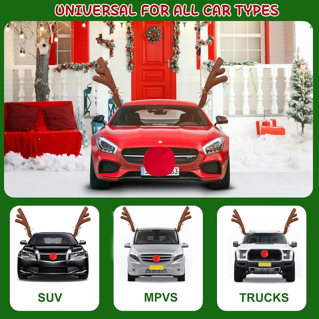 Car Reindeer Antler Kit Nose, Car Reindeer Antlers Christmas For Car Window Roof-Top & Front Grille, Auto Reindeer Antler And Nose Kit Decoration Set
