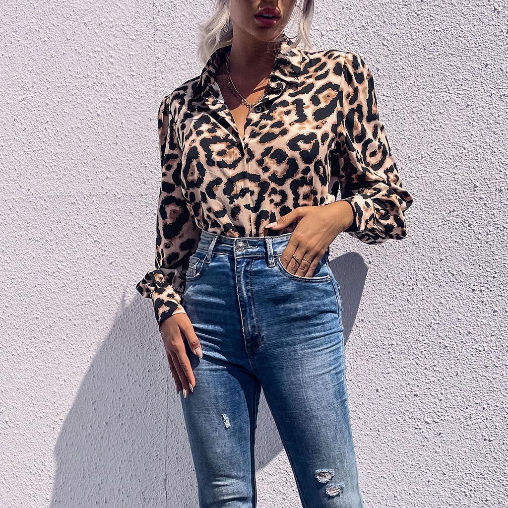 Ladies Vintage Tops Loose Long Sleeves Lapel Leopard Shirts Women's Fashion Shirts, Casual Long Sleeves Button Up Shirts Tops