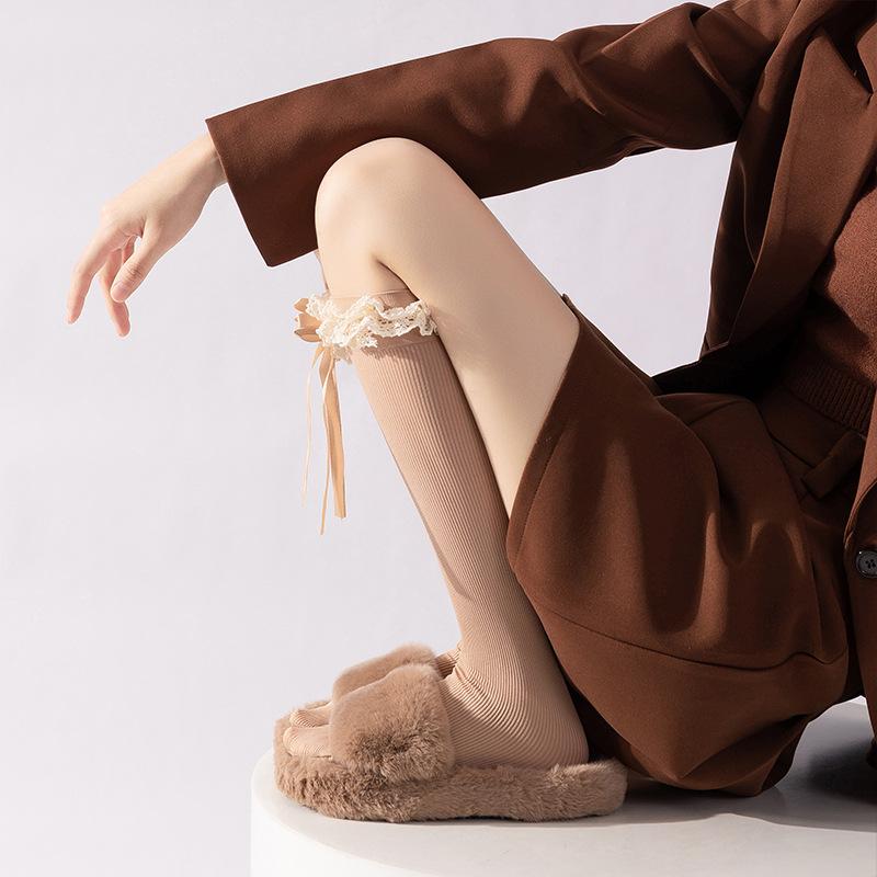 Lace Lolita Calf Socks with Bow Pressure, Long Calf Style, Paired with Boots for Slimming, Ballet Style Reaching The Knees