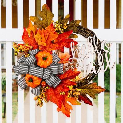Autumn Harvest Faux Flower Wreath with Pumpkins & Berries for Thanksgiving Wall Décor