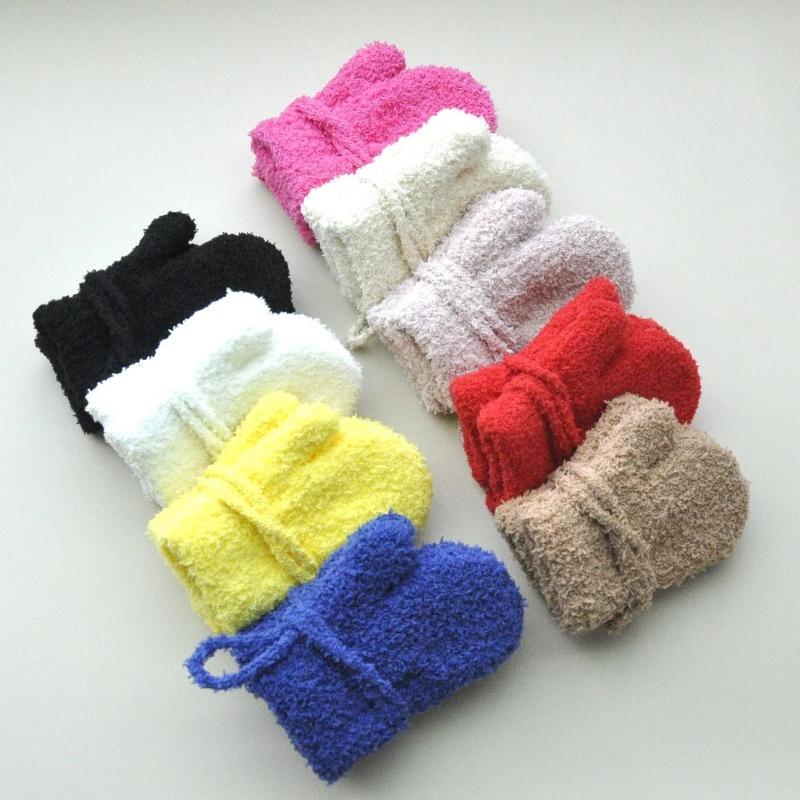 1-3Y Children Winter Thickened Plush with Rope Warm Gloves For Boys Girls New Solid Velvet Mittens Outdoor Cycling Skiing Gloves