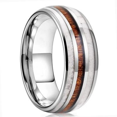 Fashion Copper Color Men's Stainless Steel Rings Koa Wood Deer Antler Inlay Dome Engagement Rings For Men Women Wedding Jewelry