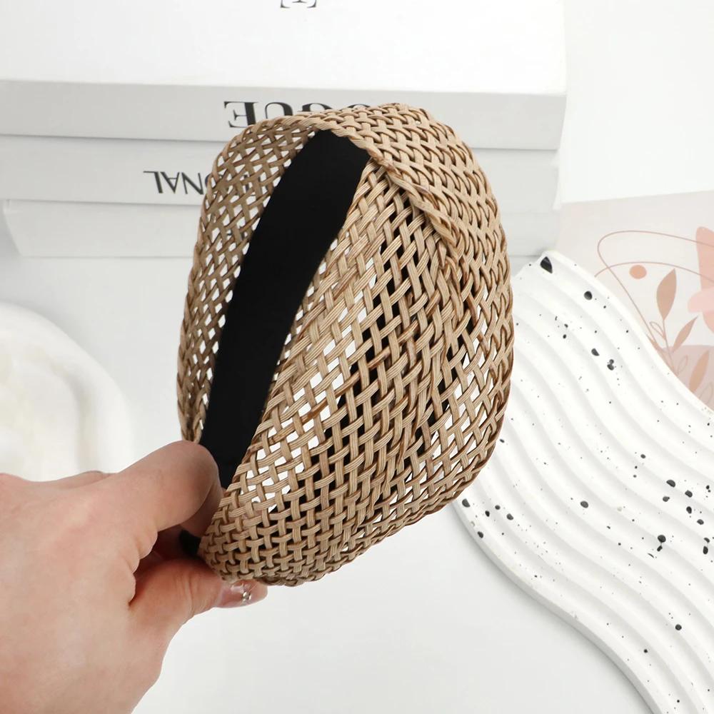 Bohemian Beach Straw Weaving Cross Knotted Headband Women Wide-brimmed Hand-woven Hair Hoop Travel Holiday Headdress Accessories
