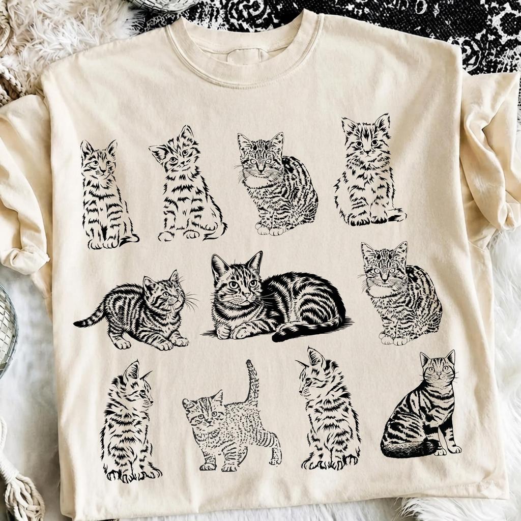 Cats 90s Vintage Tattoo Style Tshirt, Retro Comfort Colors® Y2k Kitten Shirt, Cat Lovers Gift, Cute Cat Shirts,Nature Unisex Adult Pet Shirt