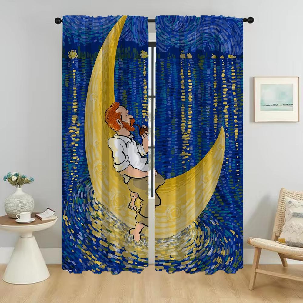 

Тюль-перегородка Ван Гог для спальни Элегантные шторы для комнаты 2 штуки Домашние интерьерные шторы Оконная штора Украшение на Хэллоуин W50xH70cmx2pcs-CL