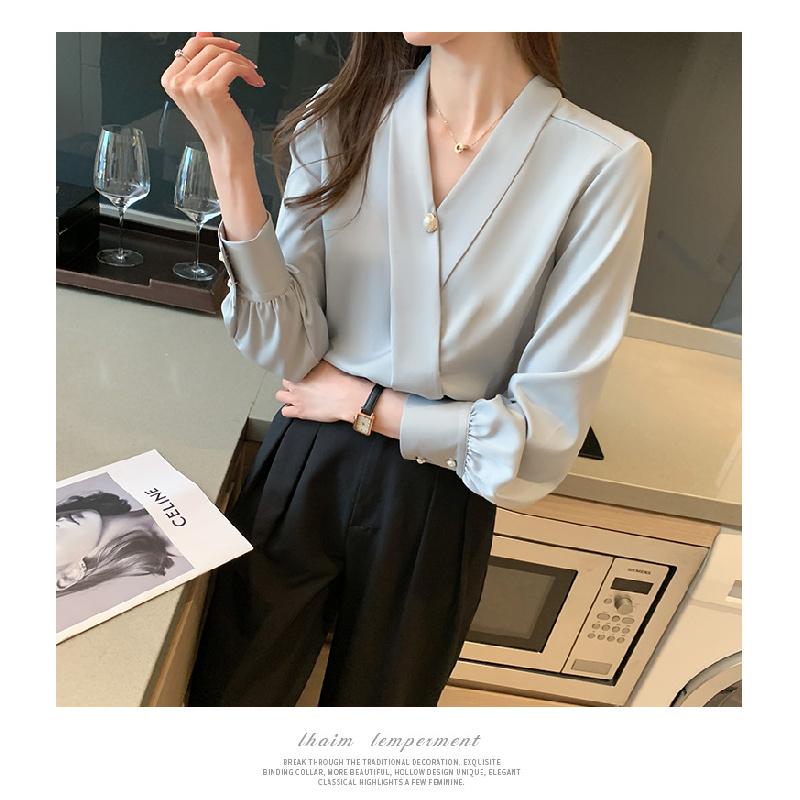 New Spring and Autumn Elegant Pearl Decorated Silk Satin High-End V-Neck Chiffon Blouse for Women