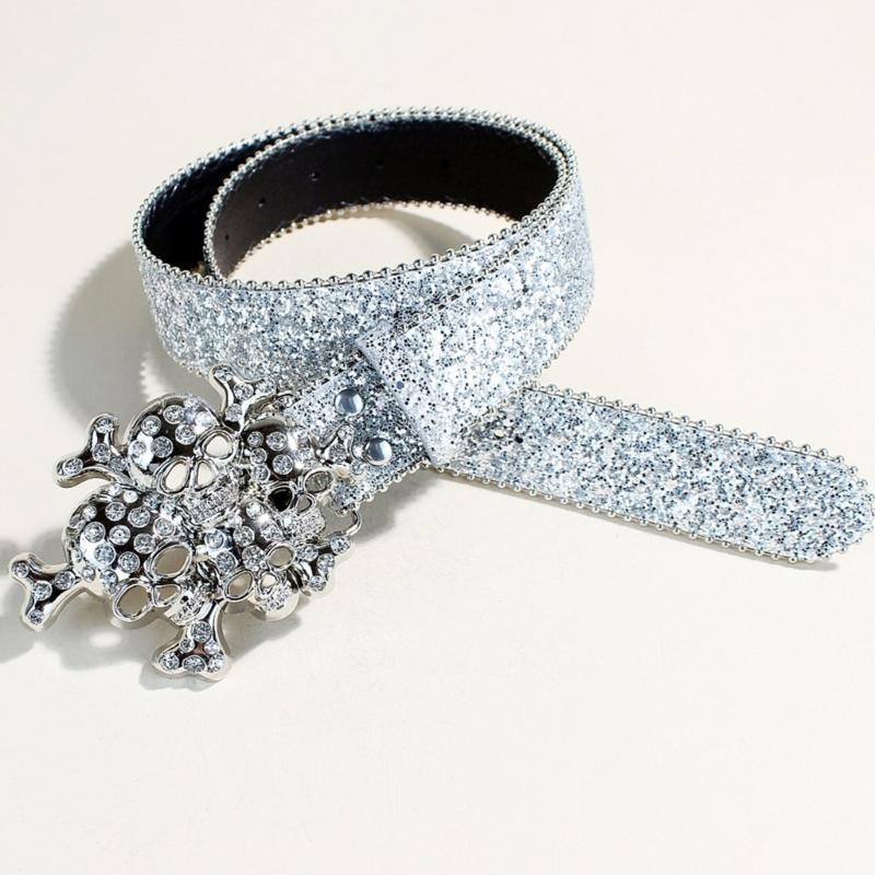 Women's Rhinestones Belt Glitters Leather Waist Belt Western Skull Waist Belt for Stylish Youth