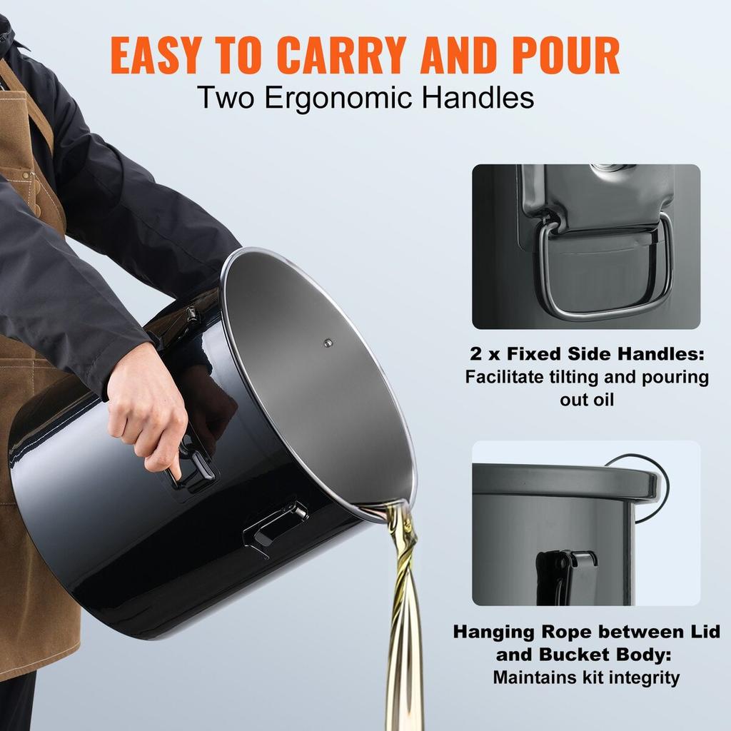 Fryer Grease Bucket, 10 Gal Oil Disposal Caddy Stainless Steel Fryer Oil Bucket Rust-Proof Coating, Oil Transport Container with Lid, Lock Clips,