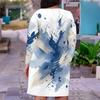 Women Plus Size V Neck Long Sleeve Blue White Printed Fitted Straight Dress