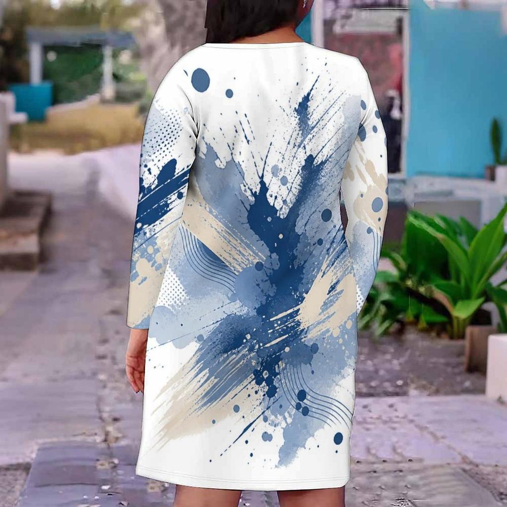 Women Plus Size V Neck Long Sleeve Blue White Printed Fitted Straight Dress