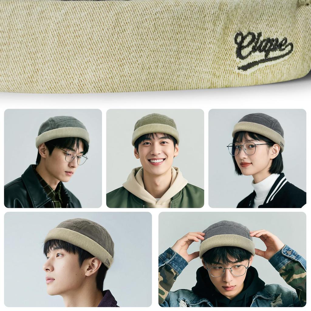 Clape Brimless Cotton Roll Cap Stylish Round Watch Fashionable Hat Fisherman's Cap, Shape, Lightweight, Unisex, Outdoor, Cap, Brimless, Men's (Green,