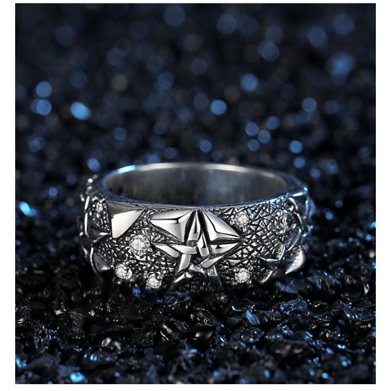 Adjustable Sterling Geometric Star Ring Men Women Hand-Set Crystal Accent Vintage Chic Finger Band