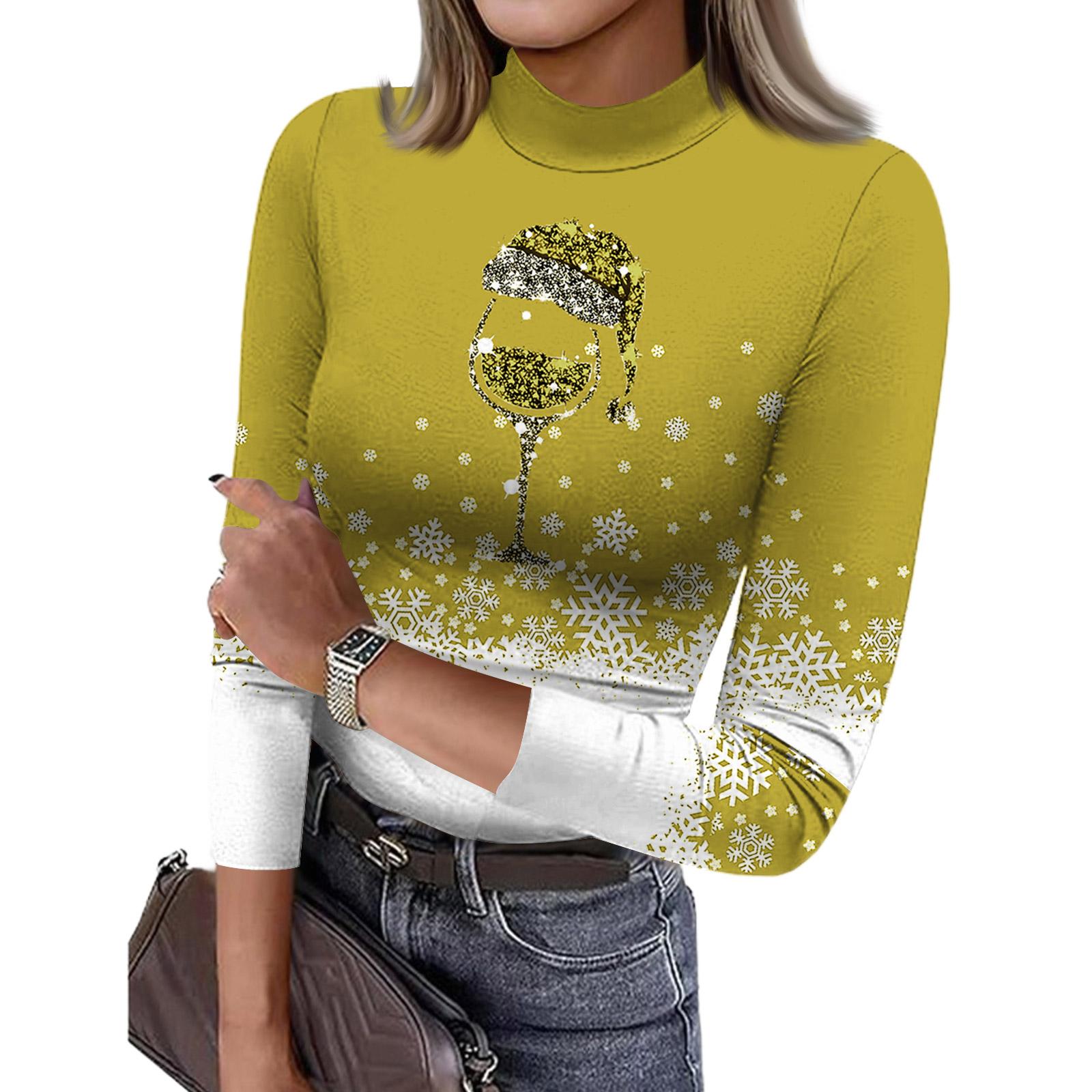 

Женская облегающая футболка с принтом в стиле кэжуал, модная, с рождественским принтом, с круглым вырезом, пуловер, топ с рукавом 3/4 S жёлтый
