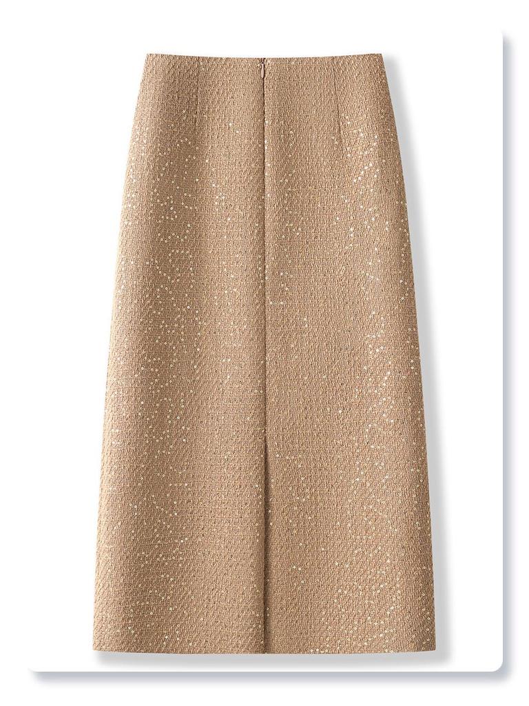 2024 Women's Yellow Sequined Tweed Midi Skirt – Autumn/Winter Straight Bodycon