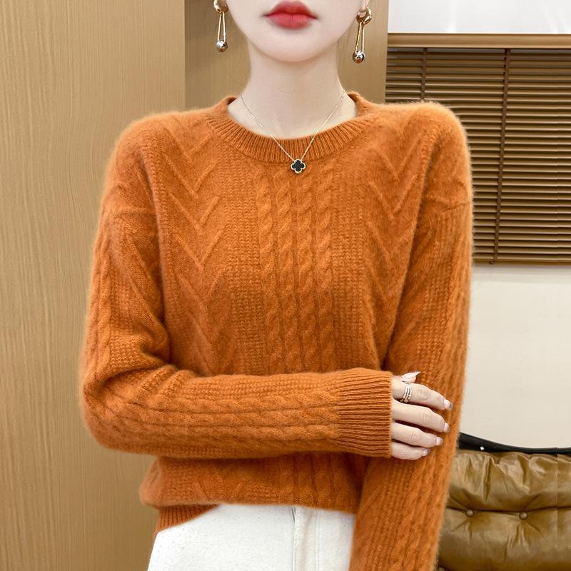 Women's Pure Wool Cable Knit Pullover - Thick Autumn/Winter Round Neck, Loose Fit Cashmere Sweater
