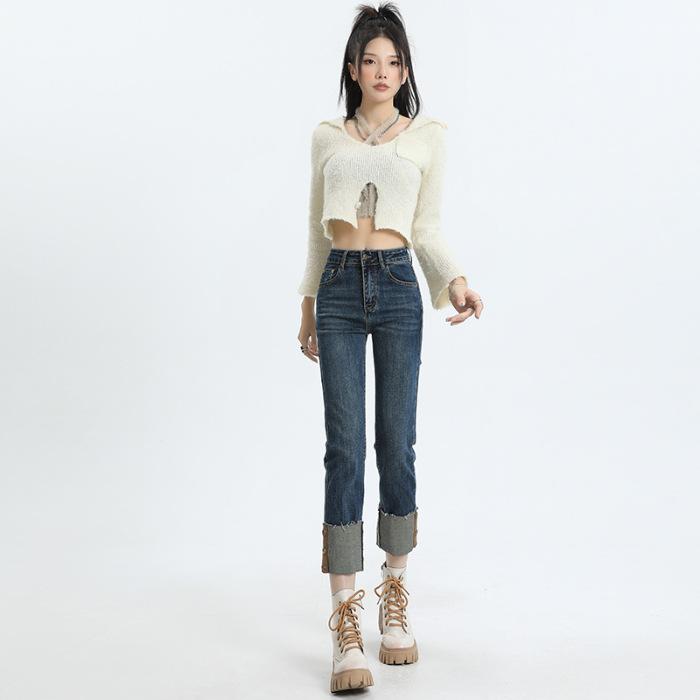 Autumn new elastic pipe pants sweet cool style women's baguette pants small straight pants two colors blue nine-point pants