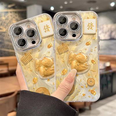 The Gold Foil Maneki Neko Figurine Is Suitable for Apple 16, 15pro, Anti-drop Lens Film 14, and Chinese Style 13/12