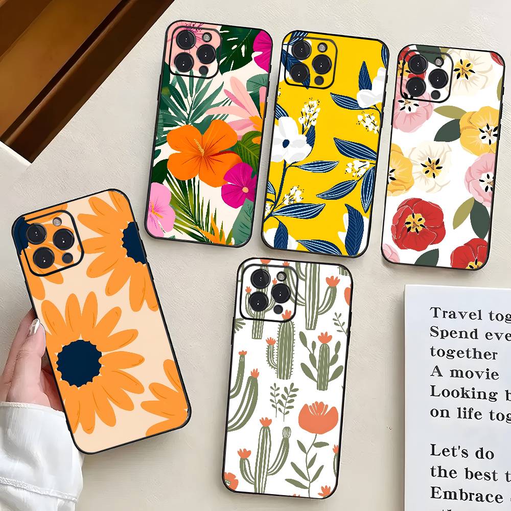 Art Flower For IPhone 15 16 14 Plus 13 12 11 17 Pro Max 17 Air Black Soft Phone Cover