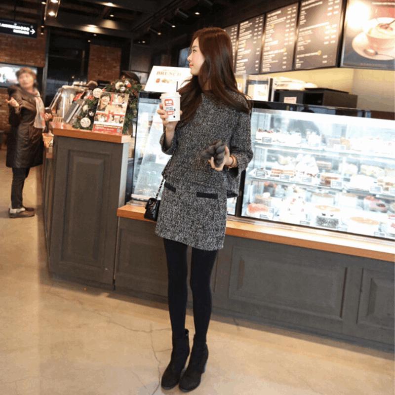 Korean Style Slim Fit Elastic Waist Woolen Skirt Suit - Winter Two-Piece