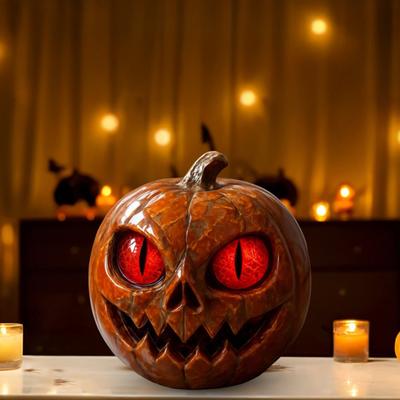 Ręcznie robiona figurka dyni z czerwonymi oczami Ręcznie wykonana statuetka dyni z żywicy o wyglądzie marmuru z bursztynowymi oczami na dekorację stołu lub półki na Halloween