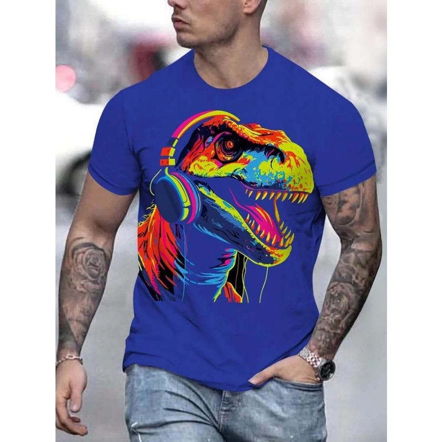 Sommer Urban Fashion Herren T-Shirt Täglich Casual Kurzarm Top Outdoor Street Komfort T-Shirt Buntes Dinosaurier-Print T-Shirt