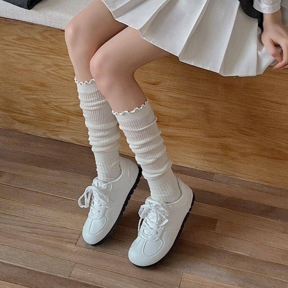 1Pair Ruffled Edge Long Tight Socks Solid Color Foot Warmers New Boot Socks Girl